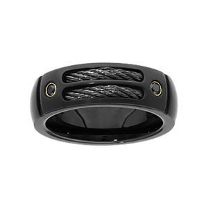 BAGUE ACIER PVD NOIR DOUBLE CABLE NOIR ET 2 OXYDES NOIRS