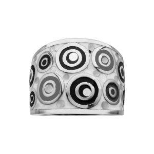 BAGUE ACIER STELLA MIA LARGE RÉSINE MOTIF ROND NOIR ET BLANC