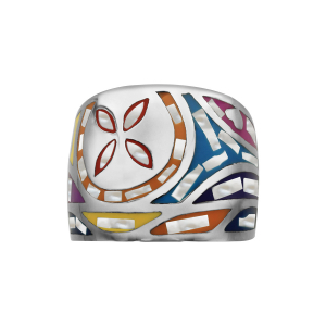 BAGUE ACIER STELLA MIA LARGE  MOTIF FLEUR AVEC NACRE COULEUR PASTEL