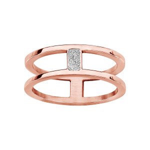 BAGUE ACIER ET PVD ROSE 2 ANNEAUX AJOURES PAVE OXYDES BLANCS