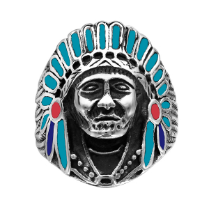BAGUE ACIER BEL' BAGUE TETE INDIEN AVEC RÉSINE
