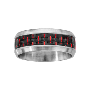 BAGUE ACIER SATINE CARBONE REFLET COULEUR ROUGE