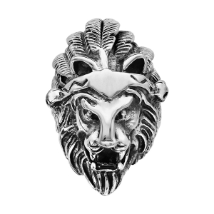 BAGUE ACIER PATINE TETE DE LION AVEC PLUME