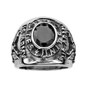 BAGUE UNIVERSITAIRE ACIER GROS MODELE PIERRE OVALE SYNTHETIQUE SERTI CLOS NOIRE