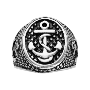 BAGUE ACIER PATINE PICOT COTE ET PLATEAU OVAL MOTIF ANCRE