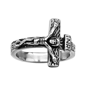 BAGUE ACIER PATINE JESUS SUR CROIX