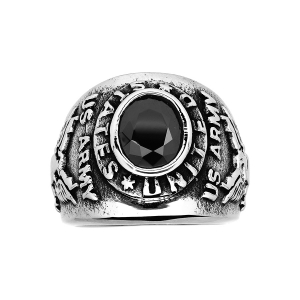 BAGUE ACIER UNIVERSITAIRE PATINE PIERRE SYNTHETIQUE NOIRE