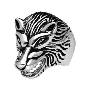 BAGUE ACIER TETE DE LOUP PATINE