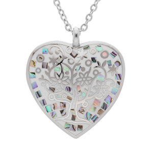 COLLIER ACIER STELLA MIA FORME COEUR  DIM 32X30 ARBRE DE VIE BLEU AVEC NACRE  38+7CM