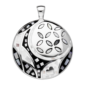 PENDENTIF ACIER STELLA MIA ROND MOTIF FLEUR NOIR ET BLANC AVEC NACRE