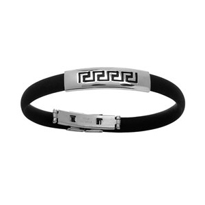BRACELET CAOUTCHOUC NOIR + MOTIF GREC ACIER 20CM RÉGLABLE