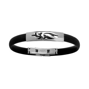 BRACELET CAOUTCHOUC NOIR + MOTIF TRIBAL ACIER 20CM REGLABLE