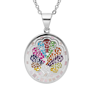 COLLIER ACIER STELLA MIA PENDENTIF ROND PAON RÉSINE MULTI COULEUR ET NACRE 38+6CM