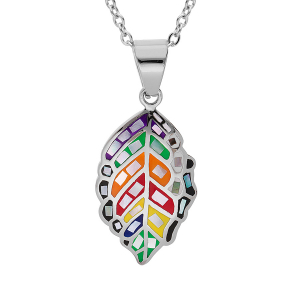 COLLIER ACIER STELLA MIA PENDENTIF MOTIF FEUILLE RÉSINE MULTI COULEUR ET NACRE 38+6CM
