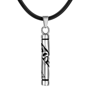 COLLIER CORDON CAOUTCHOUC NOIR + PENDENTIF TOTEM TRIBAL ACIER 45CM+5CM