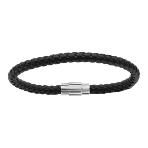 BRACELET CUIR BOVIN NOIR TRESSE FERMOIR ACIER 21CM