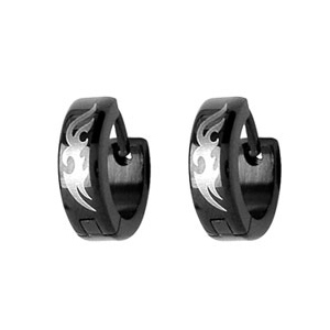BOUCLES D'OREILLES ACIER NOIR MOTIF TRIBAL NOIRE 1/2 CRÉOLES
