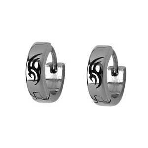 BOUCLES D'OREILLES ACIER CLAIR  MOTIF TRIBAL GRISE   1/2 CRÉOLES