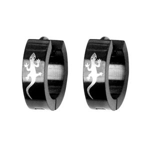 BOUCLES D'OREILLES 1/2 CRÉOLES ACIER FOND NOIR  DESSIN SALAMANDRE GRIS