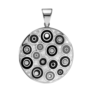 PENDENTIF ACIER STELLA MIA ROND MOTIF ROND NOIR ET BLANC AVEC NACRE