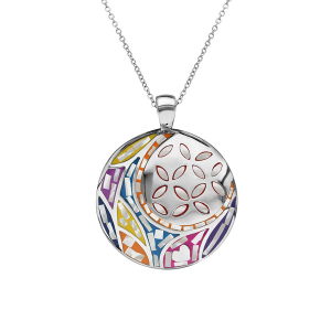 COLLIER ACIER STELLA MIA ROND MOTIF FLEUR COULEUR PASTEL AVEC NACRE EN 45 CM + 10 CM