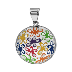 PENDENTIF ACIER STELLA MIA ROND BOMBE RÉSINE MOTIF FLEURS MULTICOULEUR AVEC NACRE