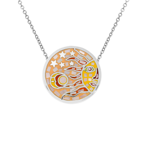COLLIER  ACIER STELLA MIA ROND SOLEIL JAUNE ORANGÉ AVEC NACRE  EN 45 CM + 10 CM