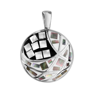 PENDENTIF ACIER ROND STELLA MIA NOIR ET BLANC ET NACRE BLANCHE