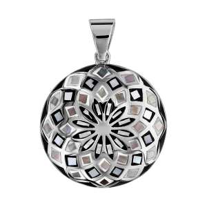 PENDENTIF ACIER ROND STELLA MIA FLEUR NOIR ET BLANC ET NACRE BLANCHE