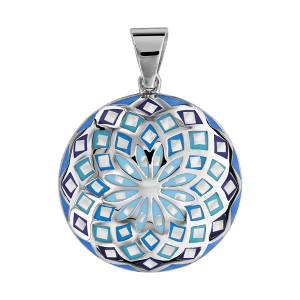 PENDENTIF ACIER ROND STELLA MIA DEGRADE BLEU CIEL ET NACRE BLANCHE