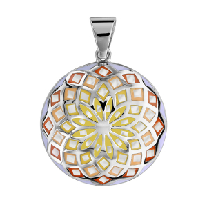 PENDENTIF ACIER ROND STELLA MIA DEGRADE JAUNE ORANGE ET NACRE BLANCHE