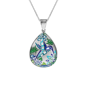 COLLIER  ACIER ET NACRE STELLA MIA FORME OVALE COLIBRI BLEU VERT EN 45 CM + 10 CM