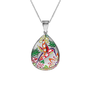 COLLIER  ACIER ET NACRE STELLA MIA FORME OVALE COLIBRI ORANGE EN 45 CM + 10 CM