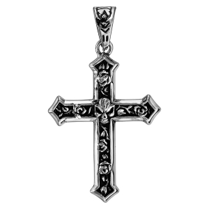 PENDENTIF ACIER CROIX AVEC TETE DE MORT ET VOLUTES PATINE