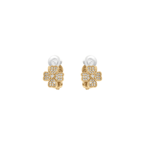 BOUCLES D'OREILLES CLIP LAITON DORÉ TREFLE A 4 FEUILLES OXYDES BLANCS SERTIS