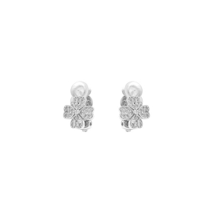 BOUCLES D'OREILLES CLIP LAITON PLACAGE PALLADIUM TREFLE A 4 FEUILLES OXYDES BLANCS SERTIS