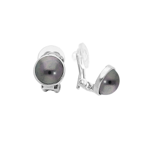 BOUCLES D'OREILLES CLIP LAITON PLACAGE PALLADIUM AVEC DEMI PERLE SYNTHETIQUE NOIRE 10MM