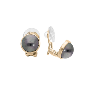 BOUCLES D'OREILLES CLIP LAITON DORÉ AVEC DEMI PERLE SYNTHETIQUE NOIRE 10MM