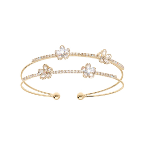 BRACELET ACIER DORÉ ET LAITON DORÉ RIGIDE 2 RANGS RAIL ET FLEURS OXYDES BLANCS SERTIS 57MM X 55MM