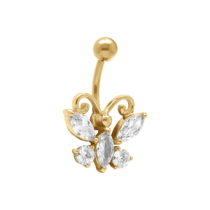 PIERCING NOMBRIL ACIER DORE  PAPILLON OXYDE BLANC