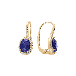 BOUCLES D'OREILLES VERMEIL DORMEUSE PIERRE CENTRALE BLEU SYNTHETIQUE ET CONTOUR OXYDES BLANCS SERTIS