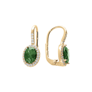 BOUCLES D'OREILLES VERMEIL DORMEUSE PIERRE CENTRALE VERTE SYNTHETIQUE ET CONTOUR OXYDES BLANCS SERTIS
