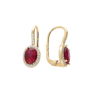 BOUCLES D'OREILLES VERMEIL DORMEUSE PIERRE CENTRALE ROUGE SYNTHETIQUE ET CONTOUR OXYDES BLANCS SERTIS