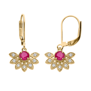 BOUCLES D'OREILLES VERMEIL DORMEUSE DEMI FLEUR RUBIS VÉRITABLE ET TOPAZES BLANCHES