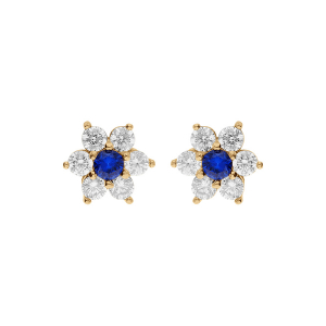 BOUCLES D'OREILLES TIGE VERMEIL FLEUR MARGUERITE OXYDES CENTRE BLEU FONCÉ ET CONTOUR BLANCS SERTIS