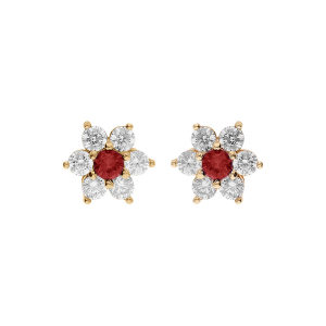 BOUCLES D'OREILLES TIGE VERMEIL FLEUR MARGUERITE OXYDES CENTRE ROUGE ET CONTOUR BLANCS SERTIS