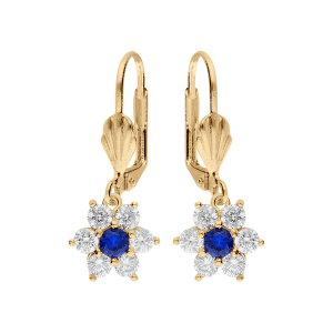 BOUCLES D'OREILLES DORMEUSE VERMEIL FLEUR MARGUERITE OXYDES CENTRE BLEU FONCÉ ET CONTOUR BLANCS SERTIS