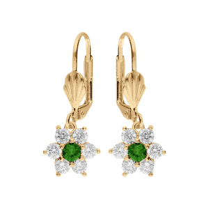 BOUCLES D'OREILLES DORMEUSE VERMEIL FLEUR  MARGUERITE OXYDES CENTRE VERT ET CONTOUR BLANCS SERTIS