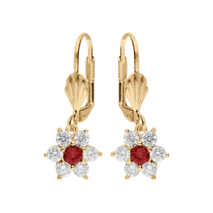 BOUCLES D'OREILLES DORMEUSE VERMEIL FLEUR MARGUERITE OXYDES CENTRE ROUGE ET CONTOUR BLANCS SERTIS