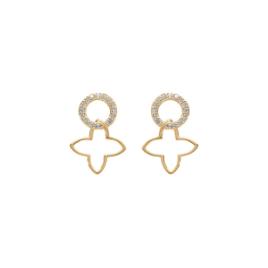 BOUCLES D'OREILLES TIGE VERMEIL PENDANTE FLEUR DECOUPÉE LISSE ET CERCLE OXYDES BLANCS SERTIS